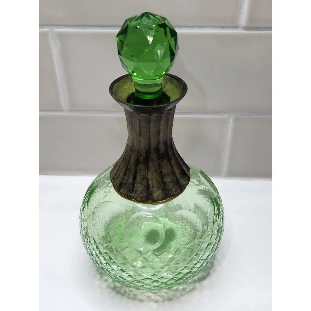Vintage Small Green Decanter Cologne Bottle with Stopper Metal Collar Cut Glass